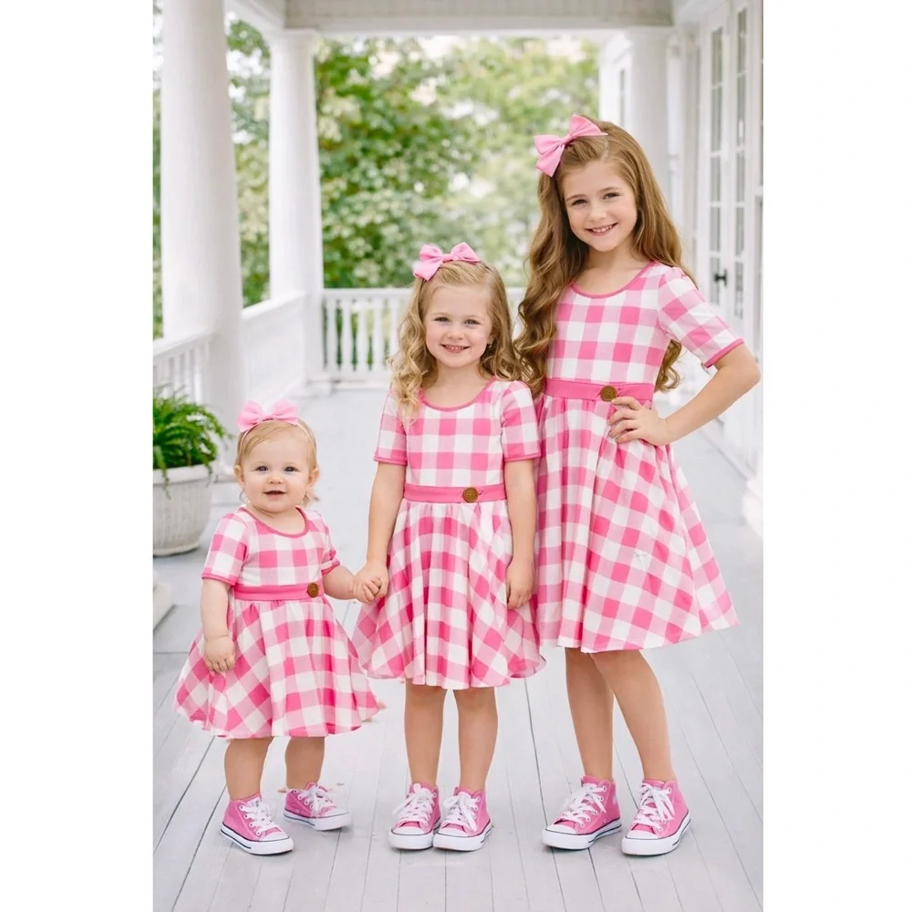 Girls Back to School Plaid Checkered Dress Pink Preppy girls twirl dress pockets